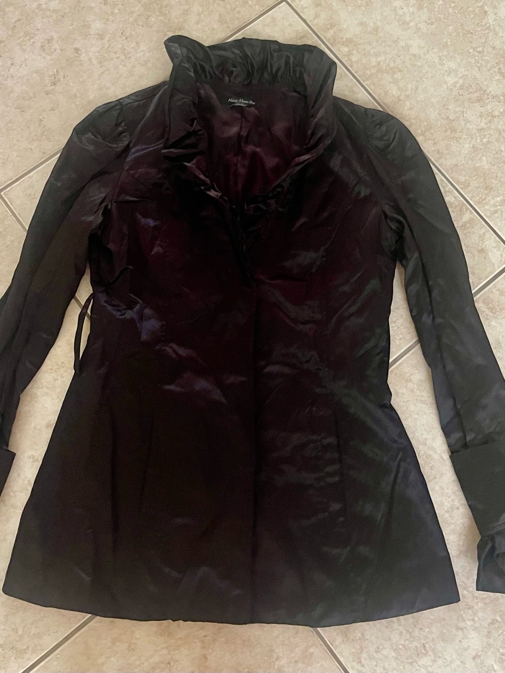 Heart Moon Star Black Satin Trench Coat with High Collar